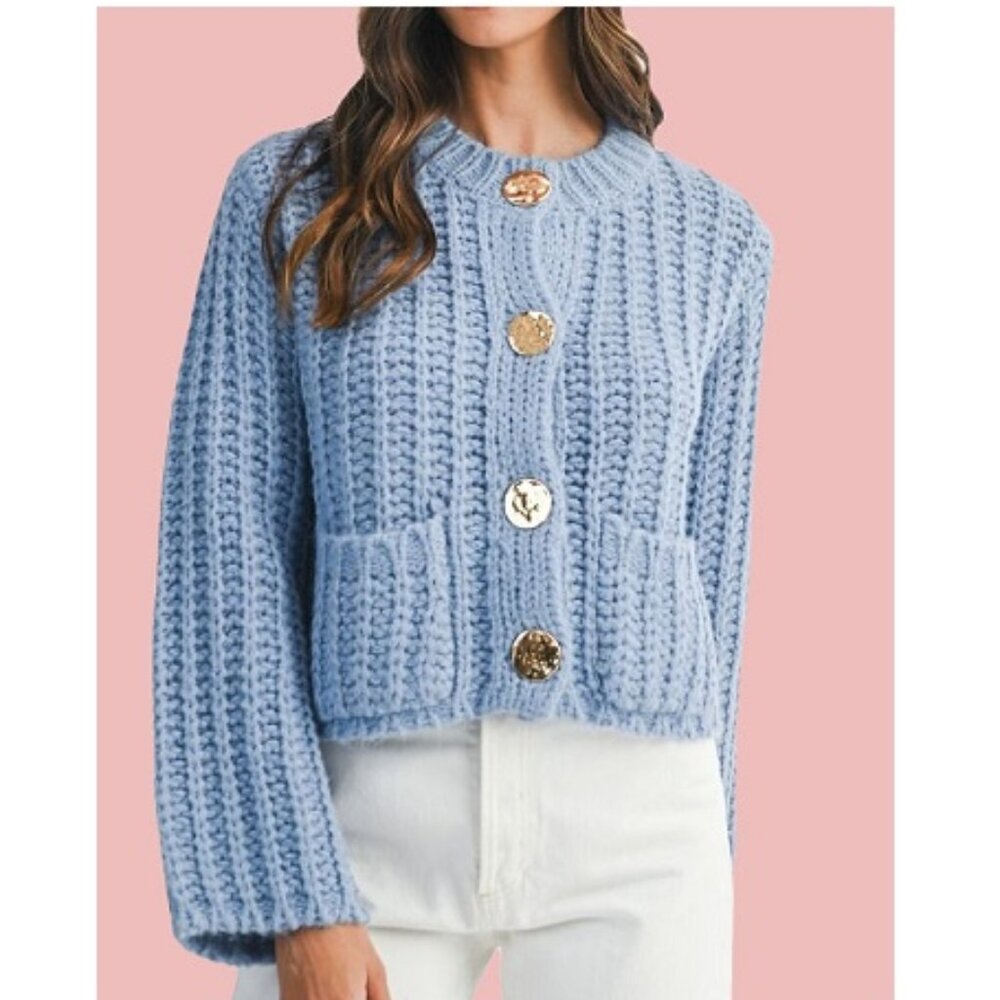 Mable Cozy Blue Gold Buttoned Cardigan NWT, Size M - Picture 1 of 14